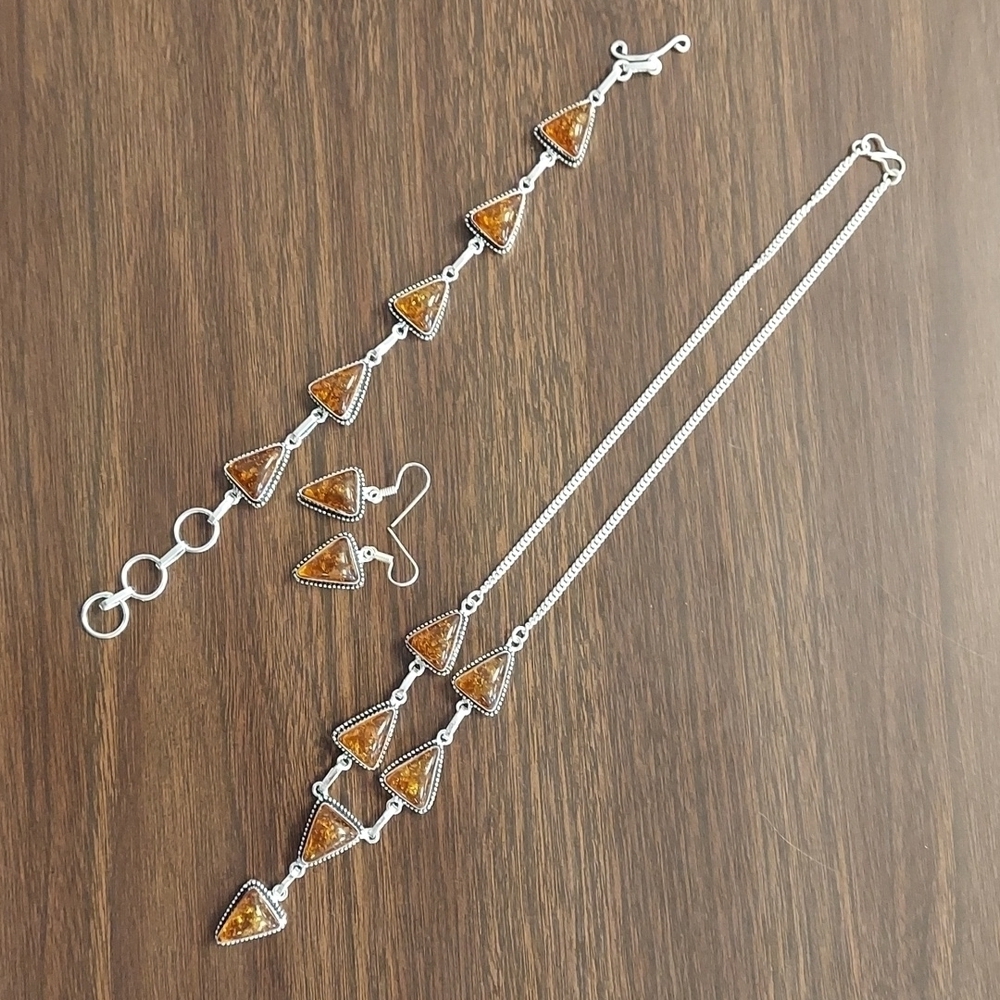 BALTIC Amber Stamped Sterling Silver Necklace Set